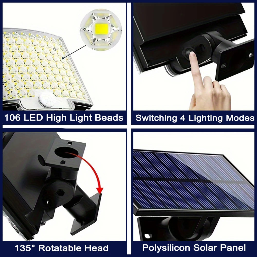 106 LED Solar Motion Light Outdoor Separate Panel Solar Flood Lights 3Light Modes for Garden Garage Street Lamp Outdoor Lighting