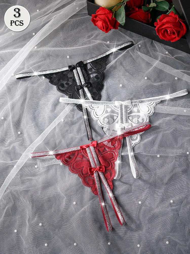 3pcs/pack Fashion Style Low Waist Sexy Lace Lady thongs Bow Decor Elegant Sexy Lingerie Bikini Female g-string Solid Underwear