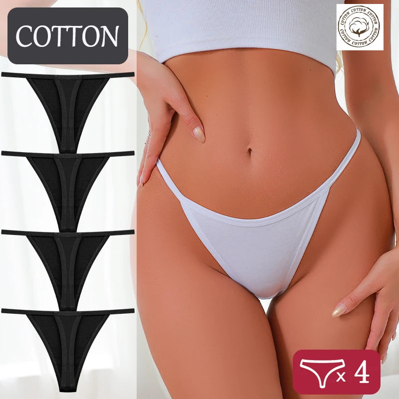 4Pcs/Set S-XL Cotton Thong Underwear Women Solid Color Breathable Low Waist T-back G-string Female Elastic Cozy Underpants 2026