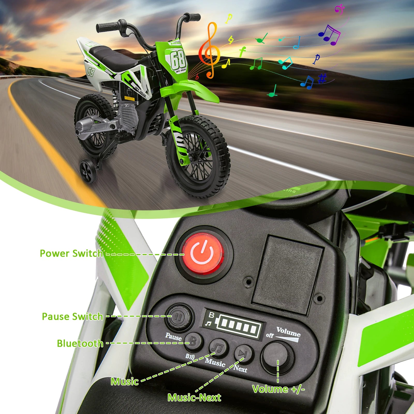 12v Kids Electric Dirt Bike with Training Wheels Twist Grip Throttle 3Mph Max Speed Music Safe Ride-on Motorcycle for Children