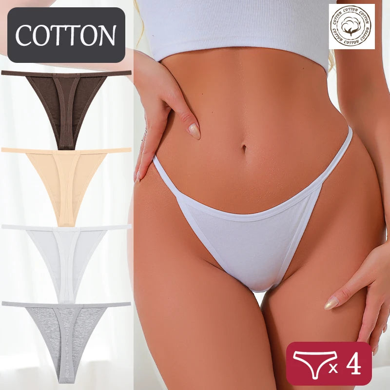 4Pcs/Set S-XL Cotton Thong Underwear Women Solid Color Breathable Low Waist T-back G-string Female Elastic Cozy Underpants 2026