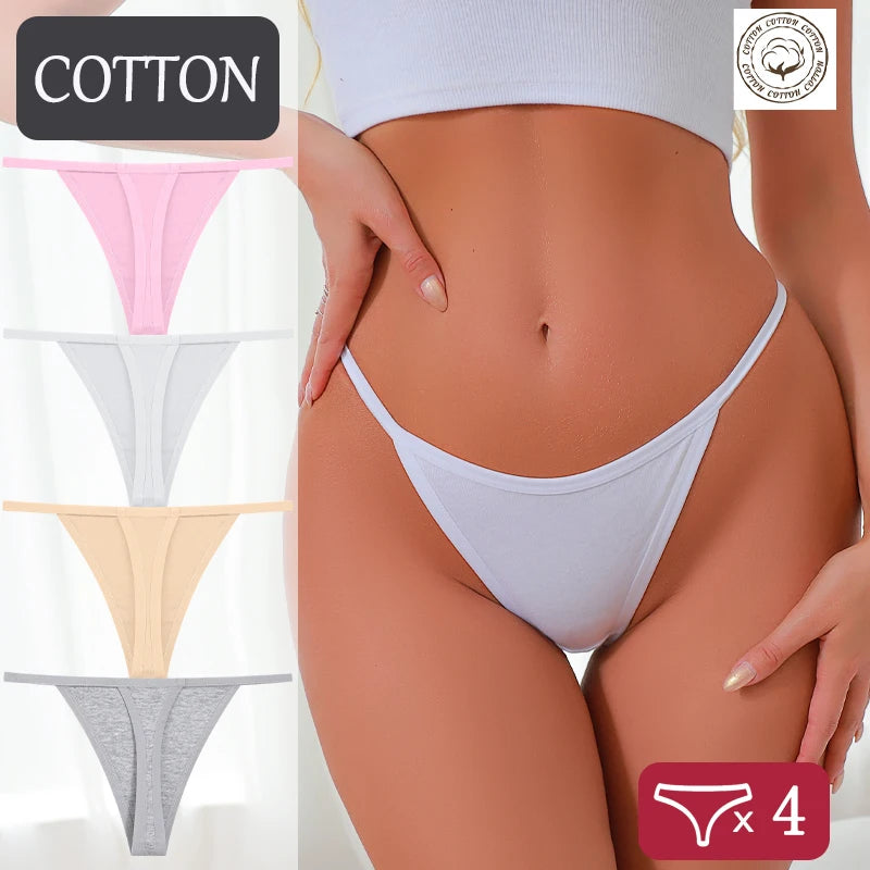 4Pcs/Set S-XL Cotton Thong Underwear Women Solid Color Breathable Low Waist T-back G-string Female Elastic Cozy Underpants 2026