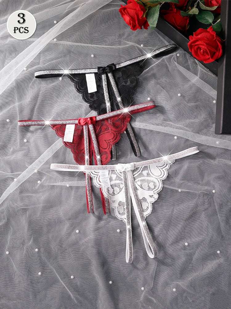 3pcs/pack Fashion Style Low Waist Sexy Lace Lady thongs Bow Decor Elegant Sexy Lingerie Bikini Female g-string Solid Underwear