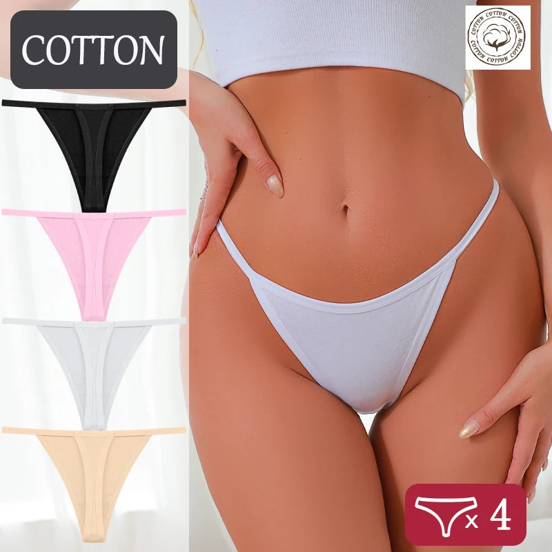 4Pcs/Set S-XL Cotton Thong Underwear Women Solid Color Breathable Low Waist T-back G-string Female Elastic Cozy Underpants 2026