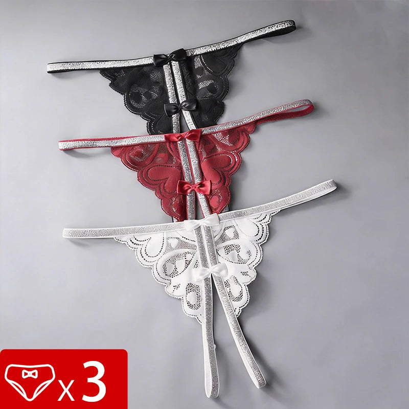 3pcs/pack Fashion Style Low Waist Sexy Lace Lady thongs Bow Decor Elegant Sexy Lingerie Bikini Female g-string Solid Underwear