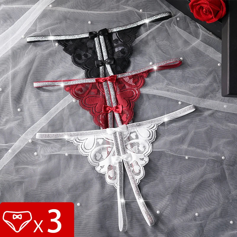 3pcs/pack Fashion Style Low Waist Sexy Lace Lady thongs Bow Decor Elegant Sexy Lingerie Bikini Female g-string Solid Underwear
