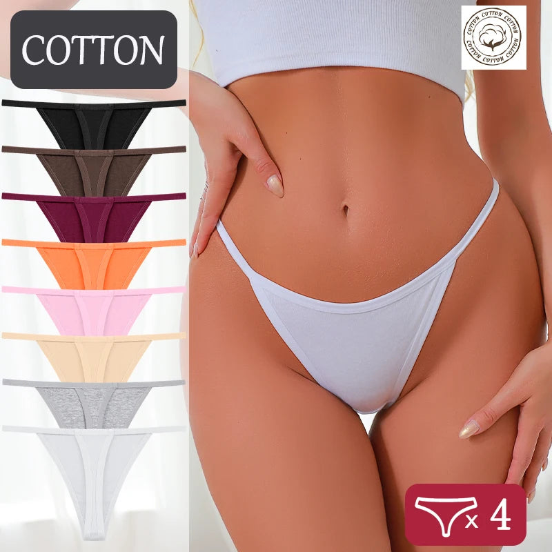 4Pcs/Set S-XL Cotton Thong Underwear Women Solid Color Breathable Low Waist T-back G-string Female Elastic Cozy Underpants 2026