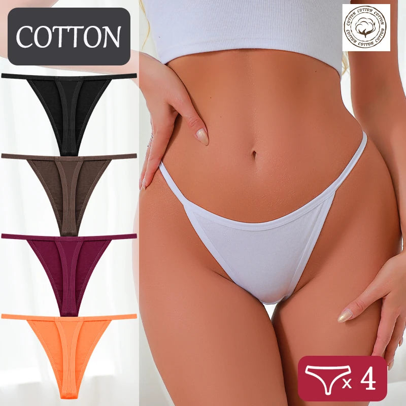 4Pcs/Set S-XL Cotton Thong Underwear Women Solid Color Breathable Low Waist T-back G-string Female Elastic Cozy Underpants 2026