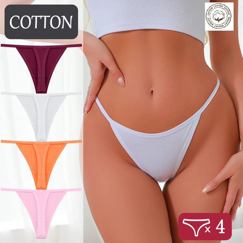 4Pcs/Set S-XL Cotton Thong Underwear Women Solid Color Breathable Low Waist T-back G-string Female Elastic Cozy Underpants 2026